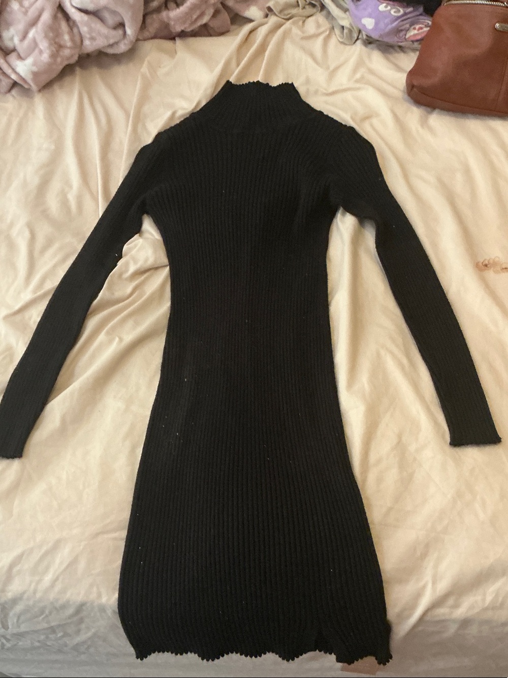 Black Ribbed Long Sleeve Stretchy Mock Neck Sweater Dress